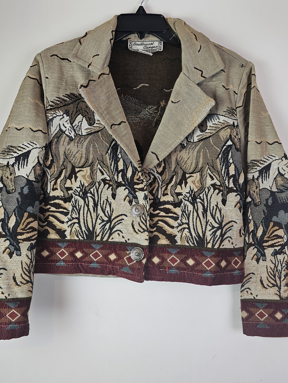 Southwestern Canyon Women's Cropped Horse-Print Blazer in Beige and Brown